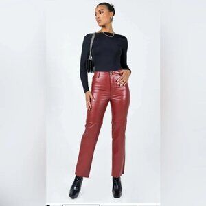 Princess Polly Burgandy Pleather Straight Leg Jeans, 2 Pockets in Back Size 6  P